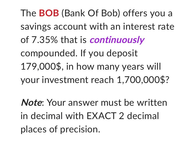 Solved The BOB Bank Of Bob offers you a savings account Chegg