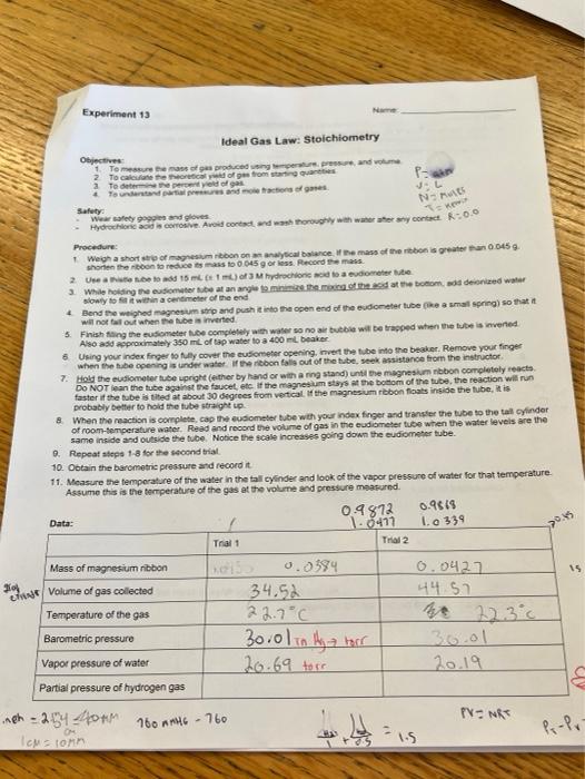 Solved Experiment 13 J. Nuts Ideal Gas Law: Stoichiometry | Chegg.com