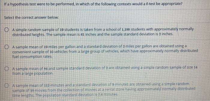 Solved If a hypothesis test were to be performed, in which | Chegg.com