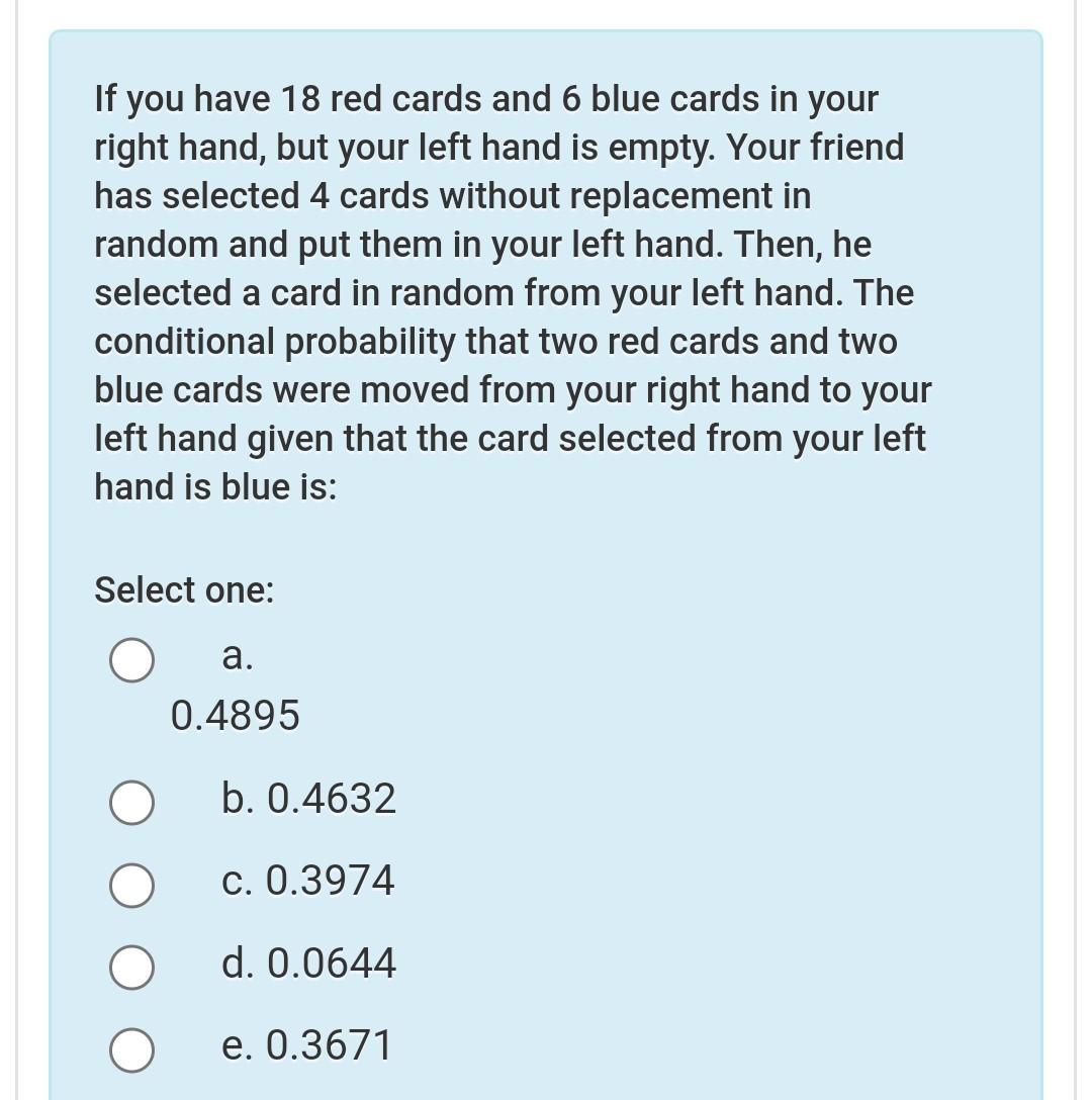 Solved If you have 18 red cards and 6 blue cards in your | Chegg.com
