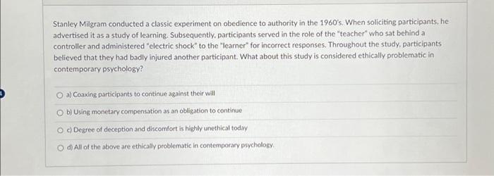 Solved Stanley Milgram conducted a classic experiment on | Chegg.com