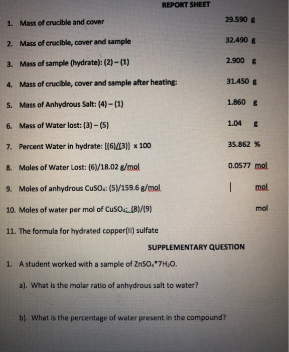 Solved REPORT SHEET 1. Mass of crucible and cover 29.590 g