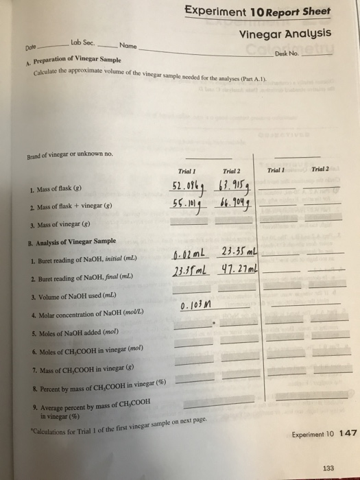 Experiment 10 Report Sheet Vinegar Analysis Lab Sec Chegg 