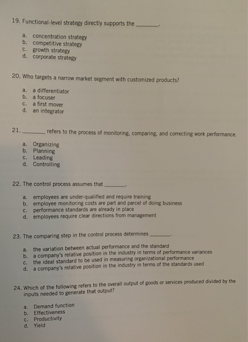 Solved 19. Functional-level Strategy Directly Supports The | Chegg.com