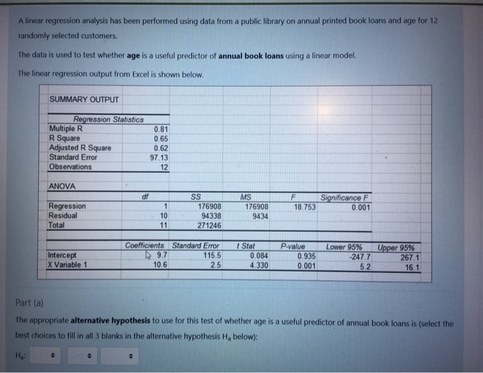 Solved A linear regression analysis has been performed using | Chegg.com