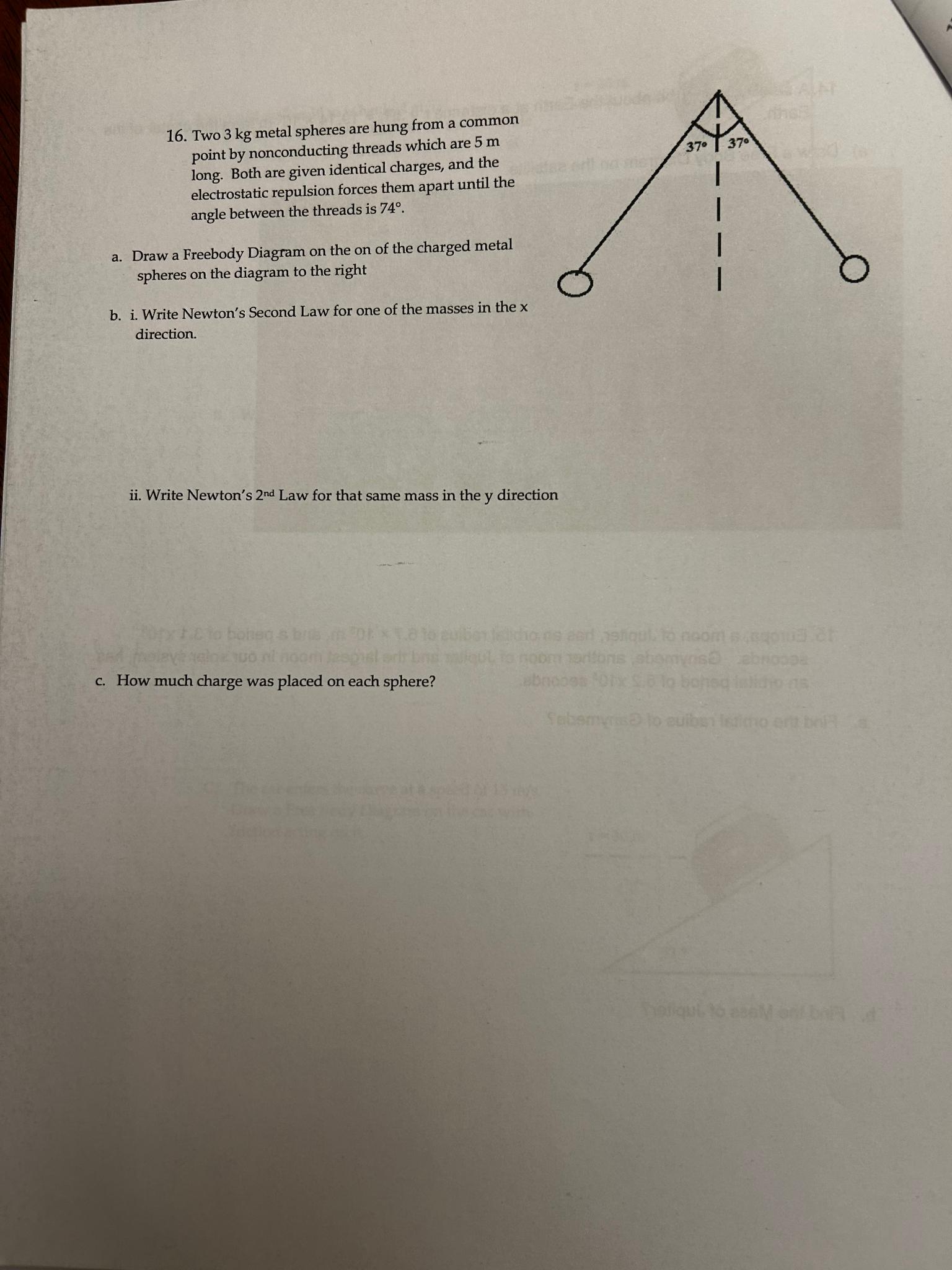 Two 3kg ﻿metal spheres are hung from a common point