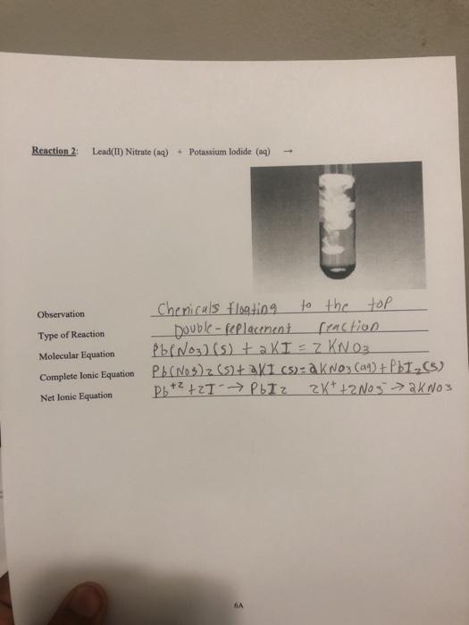 Solved Reaction 2 Leadii Nitrate Aq Potassium Lodide 4503