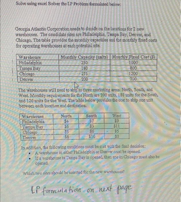 Solved Solve Using Excel Solver Tho LP Problem Formulated | Chegg.com