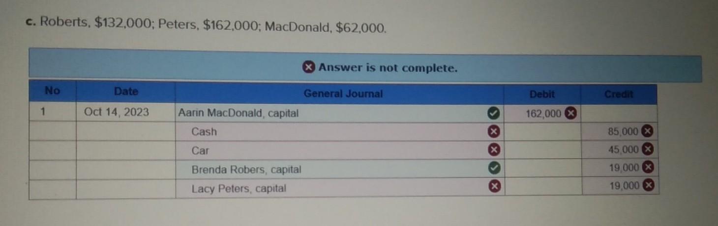 c. Roberts, \( \$ 132,000 ; \) Peters, \( \$ 162,000 ; \) MacDonald, \( \$ 62,000 \).