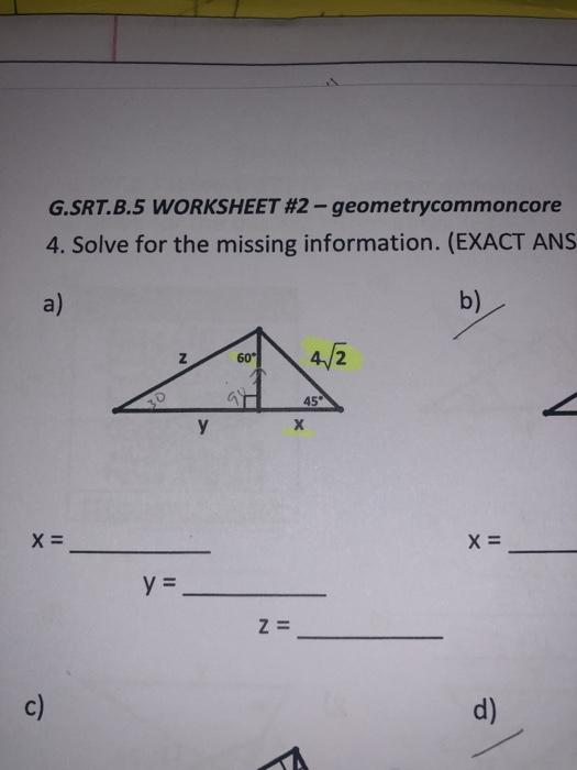 G Srt B 5 Worksheet 2 Geometrycommoncore 4 Solve Chegg Com