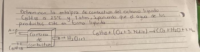 Determinar la entalpra de combustión del octana liquido \( \mathrm{C} 8 \mathrm{H}+18 \) a \( 25^{\circ} \mathrm{C} \) y \( 1