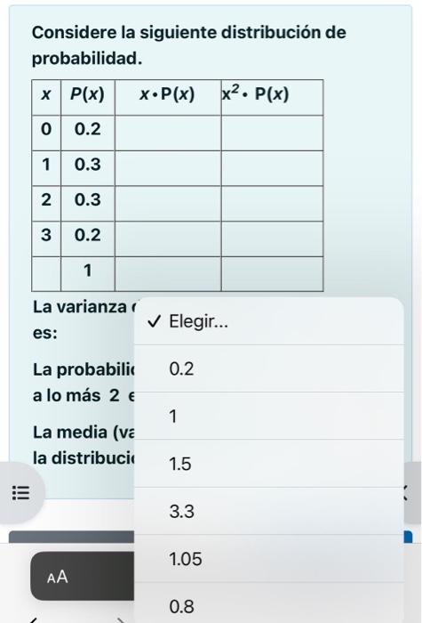 Considere la siguiente distribución de probabilidad.