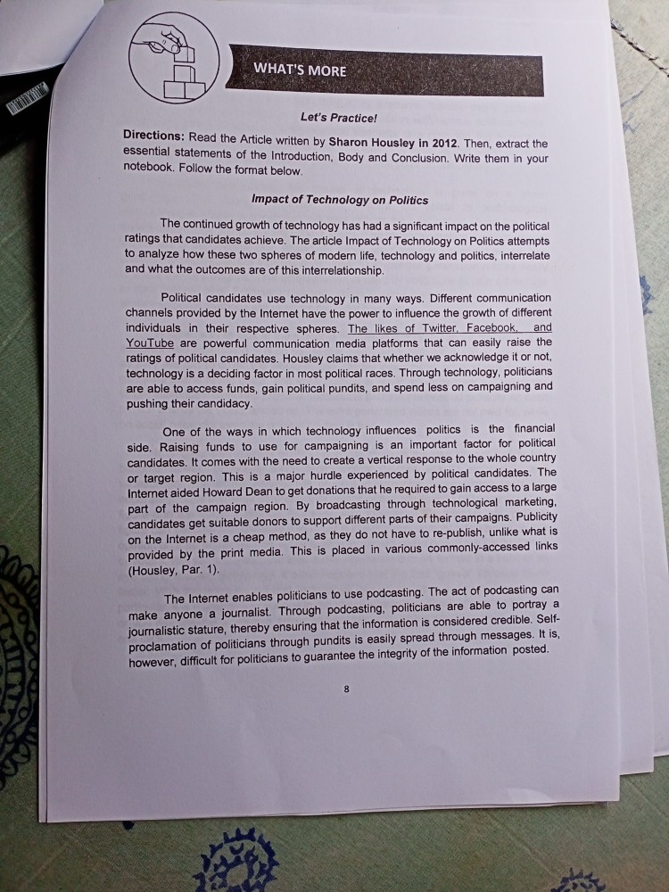 WHAT'S MORE Let's Practice! Directions Read the