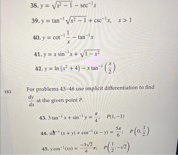 Solved 38 Ys2−1−sec−1s 39 Ytan−1x2−1csc−1xx1 40 7120