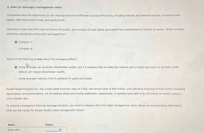 Solved 4. Debt (or Leverage) Management Ratios Companies | Chegg.com