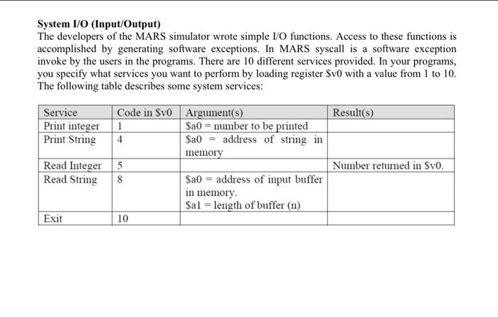 Solved System 1/0 (Input/Output) The developers of the MARS | Chegg.com