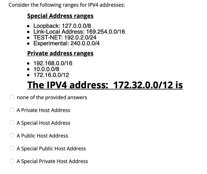Solved onsider the following ranges for IPV4 addresses: | Chegg.com