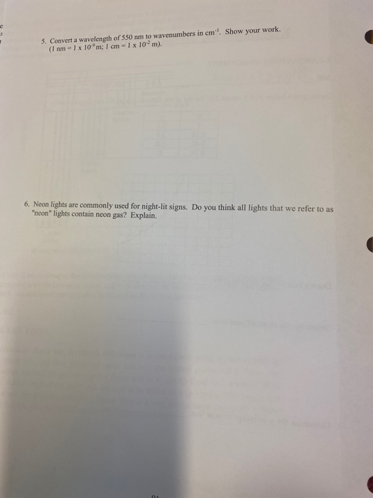 Solved 5. Convert a wavelength of 550 nm to wavenumbers in