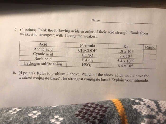 Solved Name: 5. (4 points). Rank the following acids in | Chegg.com