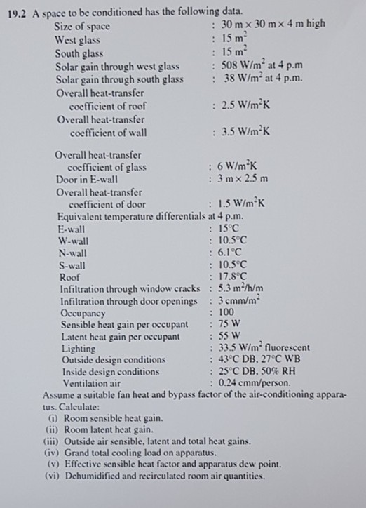 Solved 19.2 ﻿A space to be conditioned has the following | Chegg.com