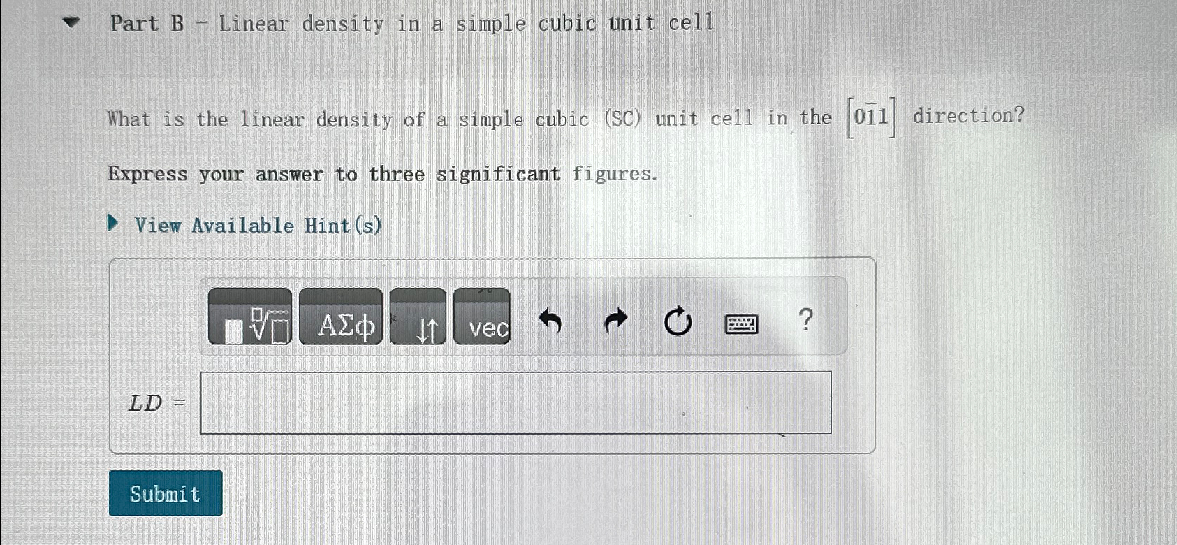 Part B - ﻿Linear density in a simple cubic unit | Chegg.com