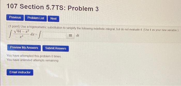 Solved 107 Section 5.7TS: Problem 1 Provious Problem List | Chegg.com