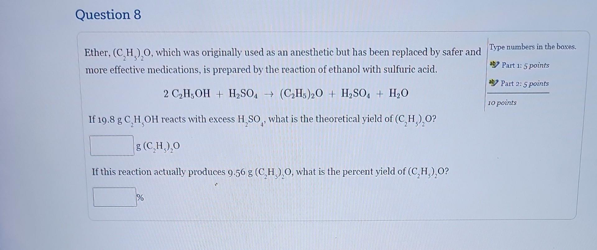 Solved Ether, (C2H5)2O, which was originally used as an | Chegg.com