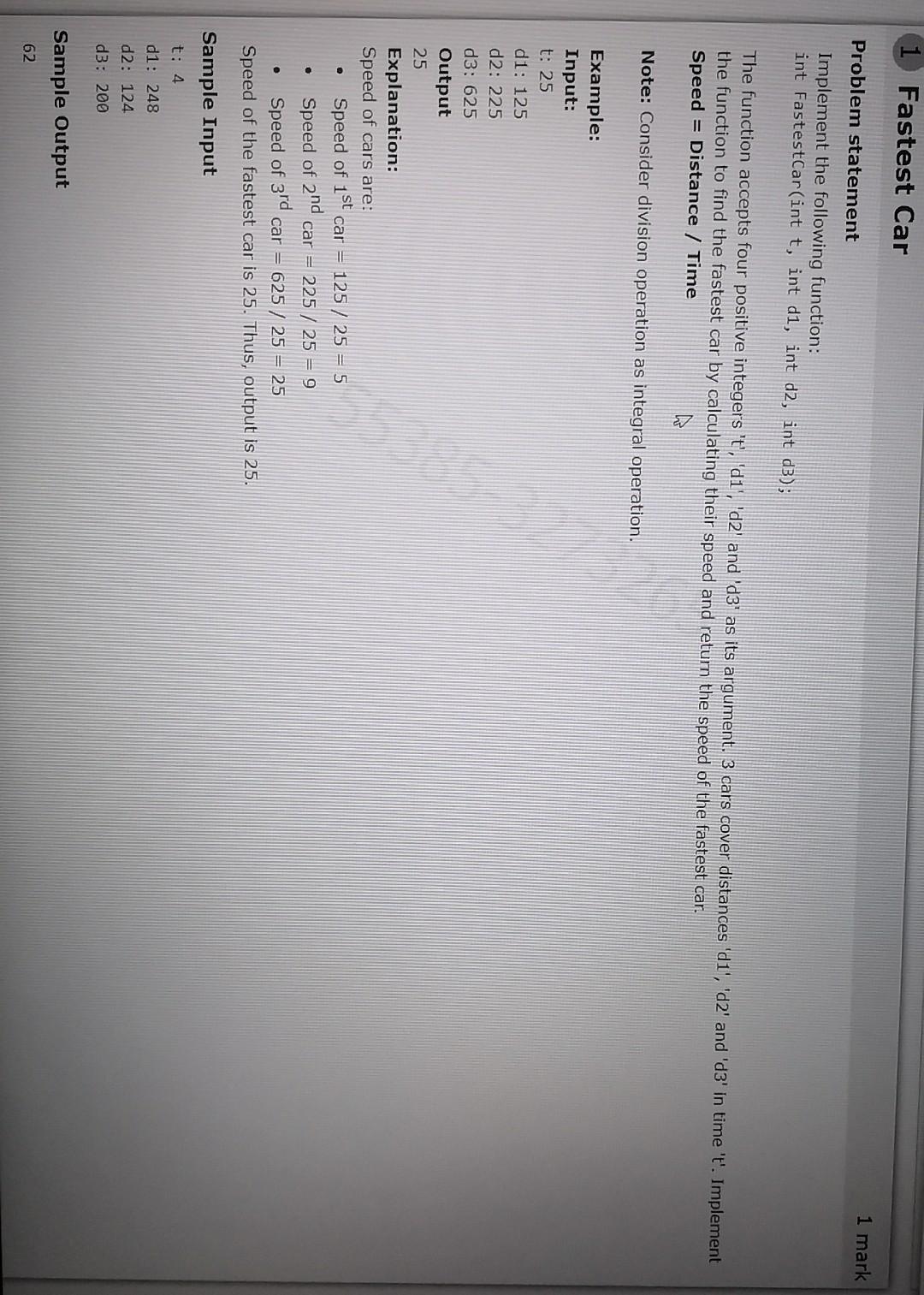 Solved 1 Fastest Car Problem statement 1 mark Implement the