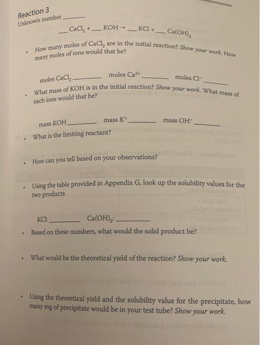 Solved Reaction 3. CaCl2+KOH Unknown number KOH : | Chegg.com