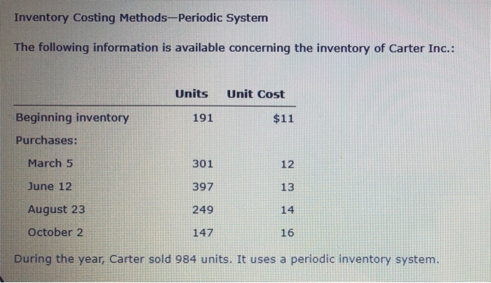 Solved Inventory Costing Methods-Periodic System The | Chegg.com