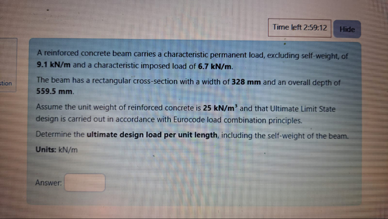 Solved Time left 2:59:12A reinforced concrete beam carries a | Chegg.com