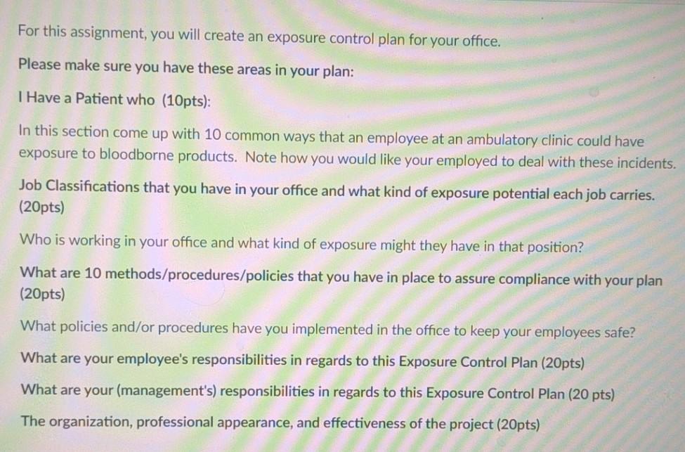 For this assignment, you will create an exposure control plan for your office. Please make sure you have these areas in your