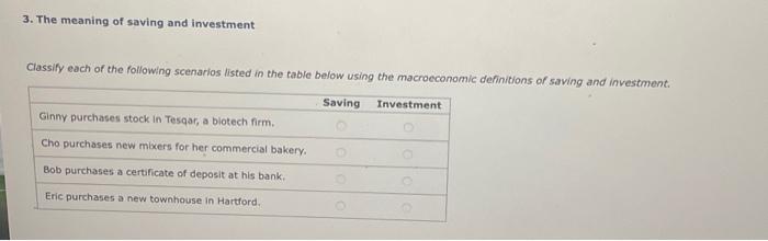 Solved 3. The meaning of saving and investment Classify each | Chegg.com
