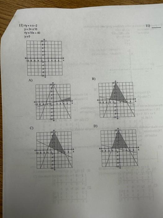 \[ \begin{array}{l} 4 y+x \geq-2 \\ y+2 x \leq 10 \\ 4 y \leq 10 x+40 \\ y \geq 0 \end{array} \] A) C