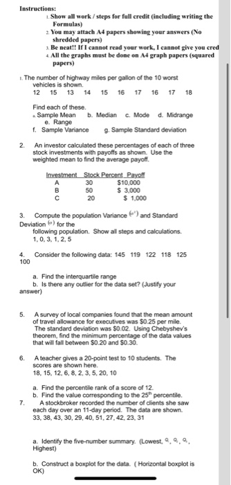 Solved Instructions: 1. Show all work / steps for full | Chegg.com