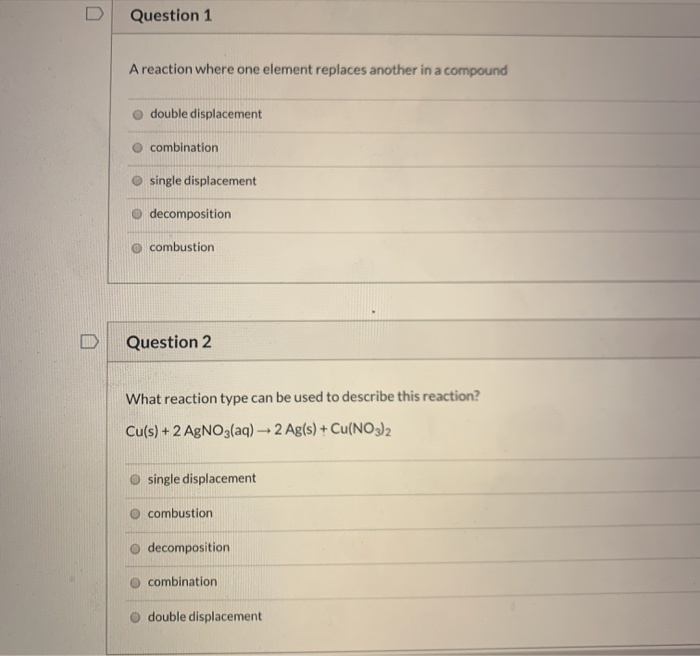 Solved Question 1 A reaction where one element replaces | Chegg.com