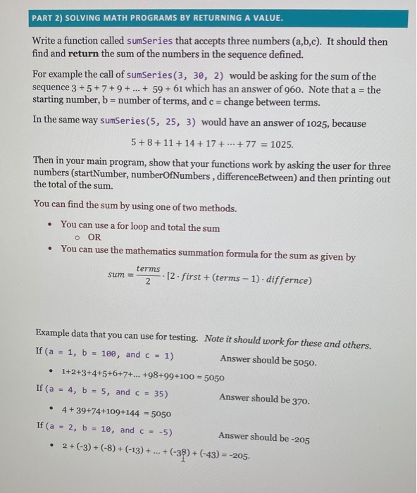 Solved Part 2 Solving Math Programs By Returning A Value Chegg Com