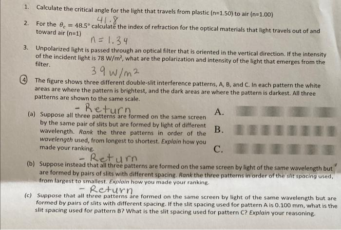 Solved 1. Calculate the critical angle for the light that | Chegg.com