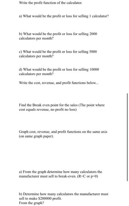 Solved College Algebra Project Cost, Revenue, and Profit | Chegg.com