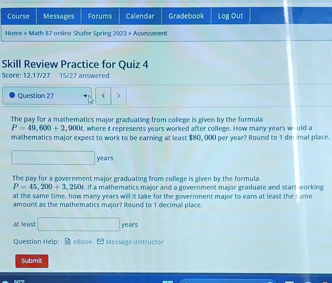 Solved Home > Math 87 online Shafer Spring 2023 > Assessment | Chegg.com