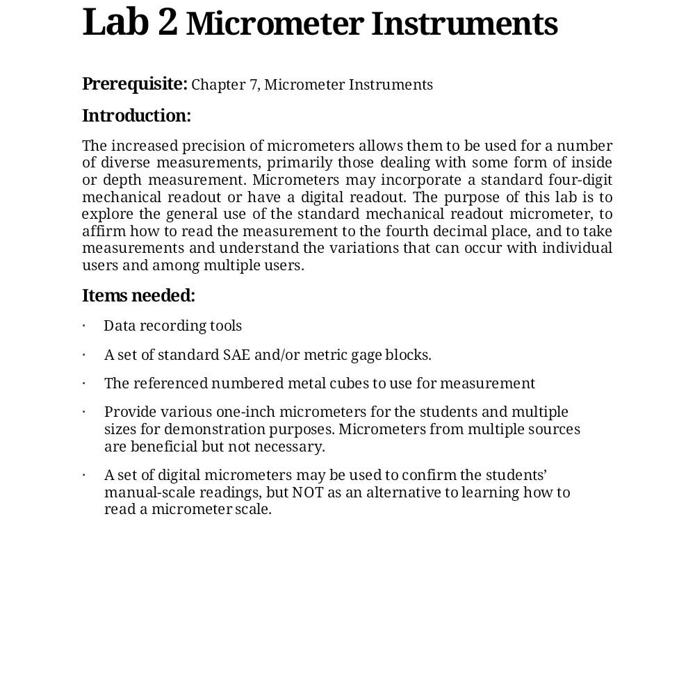 Solved Lab 2 Micrometer Instruments Prerequisite: Chapter 7, | Chegg.com