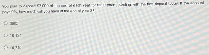 Solved You plan to deposit $3,000 at the end of each year | Chegg.com