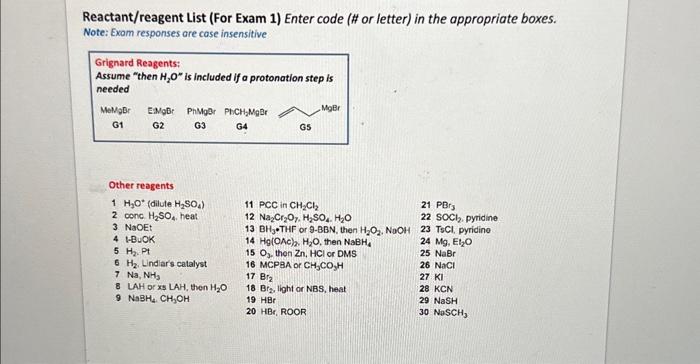 Reactant/reagent List (For Exam 1) Enter code (\# or letter) in the appropriate boxes. Note: Exam responses are case insensit