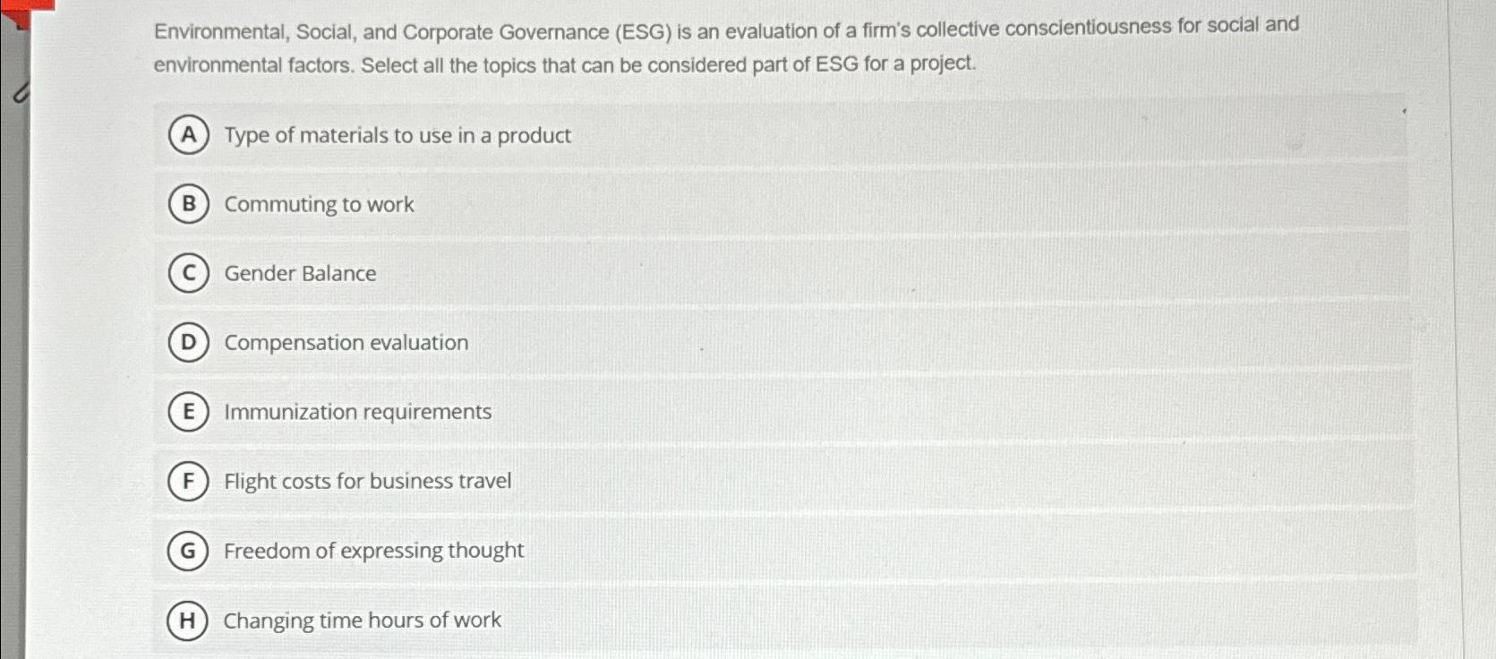 Solved Environmental, Social, and Corporate Governance (ESG) | Chegg.com
