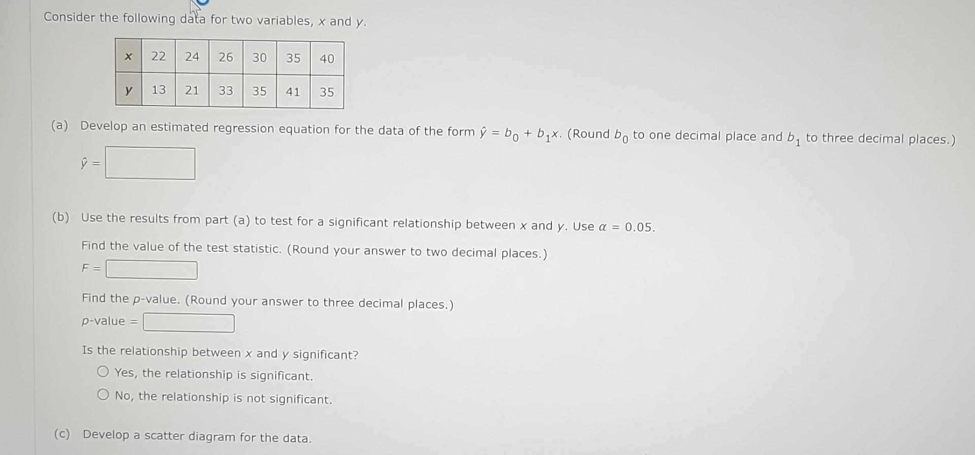 Solved Consider the following data for two variables, x and | Chegg.com