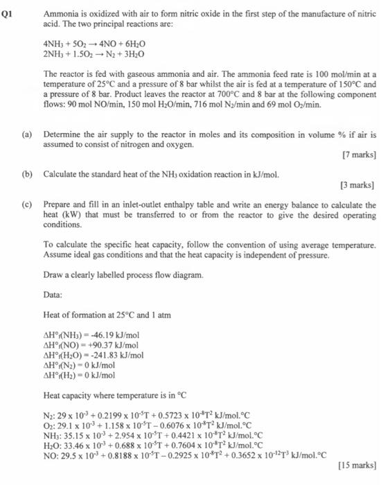 Solved Q1 Ammonia is oxidized with air to form nitric oxide | Chegg.com