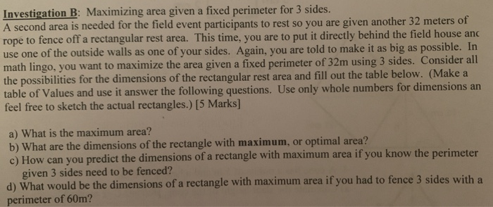 Solved Investigation B: Maximizing Area Given A Fixed | Chegg.com