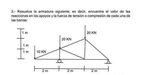 2.- Resuelva la armadura siguiente; es decir, encuentre el valor de las reacciones en los apoyos y la fuerza de tensión o com