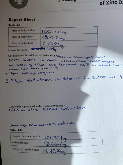 Solved of Zinc id 100.100g Report Sheet Table 4.1. Mass of