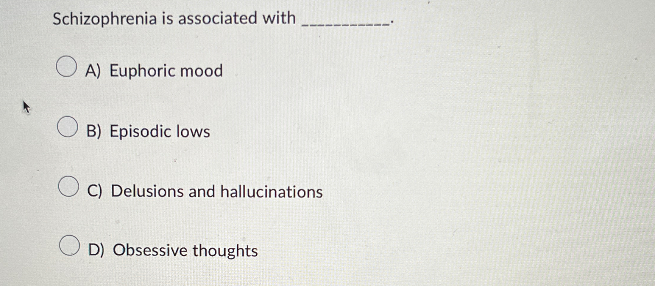 Solved Schizophrenia is associated with. A) ﻿Euphoric | Chegg.com